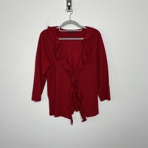 Talbots Sweater Cardigan Womens Large Red 100% Merino Wool Ruffle Open Front